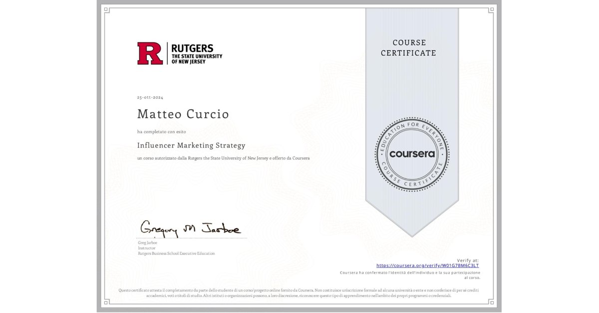 Certificate: Influencer Marketing Strategy · Rutgers University, Coursera · 2024